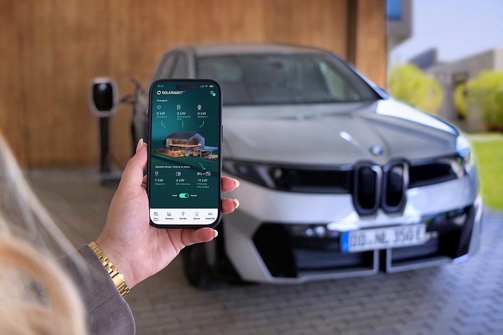 รถ BMW จอดใกล้ BMW Wallbox Professional พร้อมหน้าจอแอปบนสมาร์ทโฟน