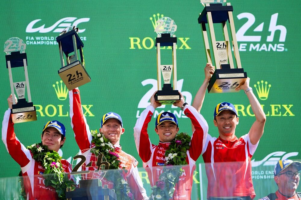 Toyota Racing trio raise the 2026 Le Mans 24 Hours trophy