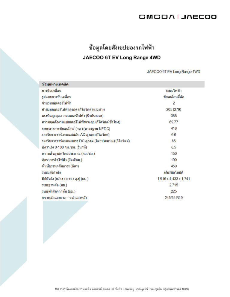 Omoda & Jaecoo Jaecoo 6T EV (1st Gen 2025) - ภาพสเป็กชีท