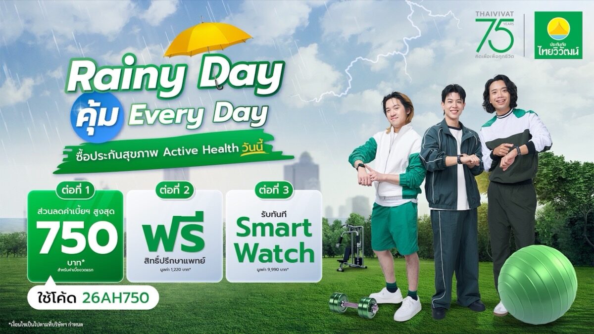 โปสเตอร์แคมเปญ Rainy Day คุ้ม Everyday ประกันสุขภาพ Active Health ไทยวิวัฒน์