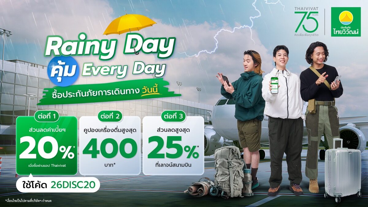 โปสเตอร์แคมเปญ Rainy Day คุ้ม Everyday ประกันภัยการเดินทางต่างประเทศ พลัส ไทยวิวัฒน์