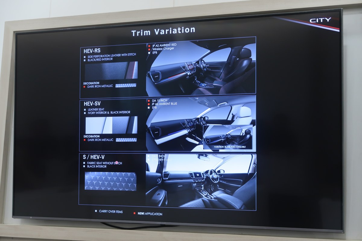 สไลด์บรรยายสรุปเปรียบเทียบรุ่นย่อย HEV-RS HEV-SV และ S/HEV-V ของ Honda City