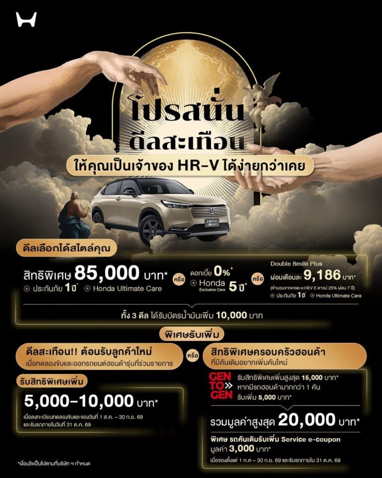 ฮอนด้า ถล่มราคา Honda HR-V e:HEV 2026 จัดเต็มส่วนลดสูงสุด 105,000 บาท เริ่มต้นเหลือเพียง 8.54 แสนบาท ในแคมเปญ THE GRAND QUAKE DEAL
