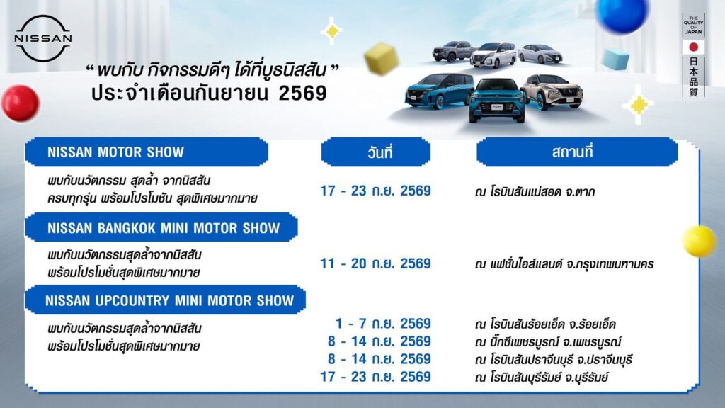 นิสสัน จัดทัพโรดโชว์ทั่วประเทศ กรกฎาคม–กันยายน 2569 ชูเทคโนโลยี e-POWER ชีวิตไปต่อ ไม่ต้องรอชาร์จ พร้อมข้อเสนอพิเศษประจำเดือน (ปก)