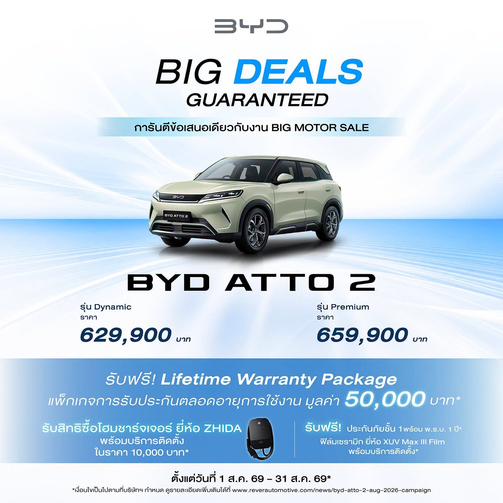ส่องโปรโมชั่นรถยนต์ไฟฟ้า 100% จาก BYD และ DENZA ในงาน BIG MOTOR SALE 2026 จัดเต็ม ATTO 1, DOLPHIN, SEAL 6, ATTO 2, ATTO 3, M6 และ DENZA D9 ฟรีประกันแบตเตอรี่ตลอดชีพ 5