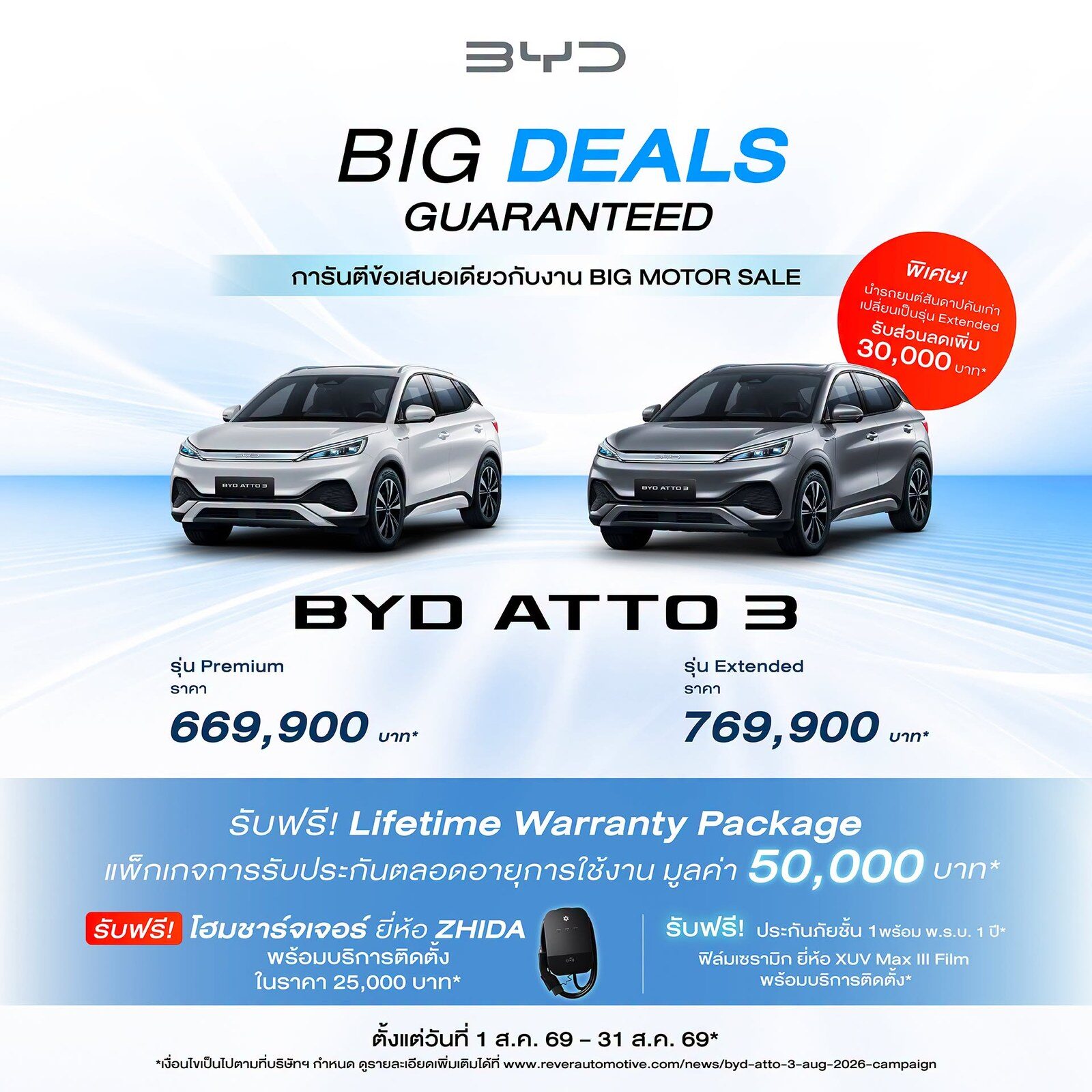 ส่องโปรโมชั่นรถยนต์ไฟฟ้า 100% จาก BYD และ DENZA ในงาน BIG MOTOR SALE 2026 จัดเต็ม ATTO 1, DOLPHIN, SEAL 6, ATTO 2, ATTO 3, M6 และ DENZA D9 ฟรีประกันแบตเตอรี่ตลอดชีพ 6