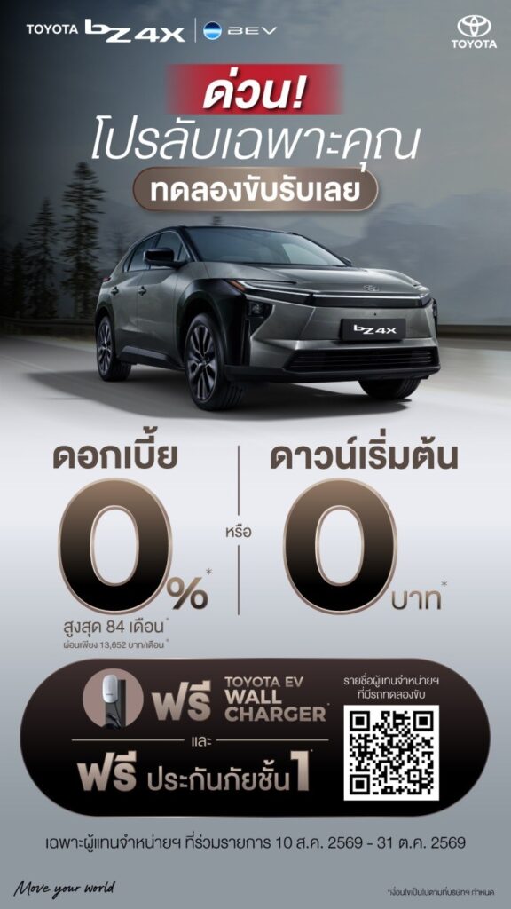 Toyota bZ4X 2026 จัดแคมเปญใหญ่ ดอกเบี้ย 0% นาน 84 เดือน หรือเลือกดาวน์ 0 บาท พร้อมแถมฟรี Wall Charger และประกันภัยชั้น 1 (ปก)