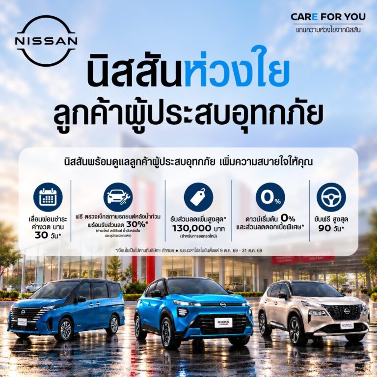 นิสสัน เปิดแคมเปญ “NISSAN CARE FOR YOU” ช่วยลูกค้าผู้ประสบภัยน้ำท่วม เลื่อนค่างวด 30 วัน ซื้อรถใหม่ทดแทนรับส่วนลดสูงสุด 130,000 บาท