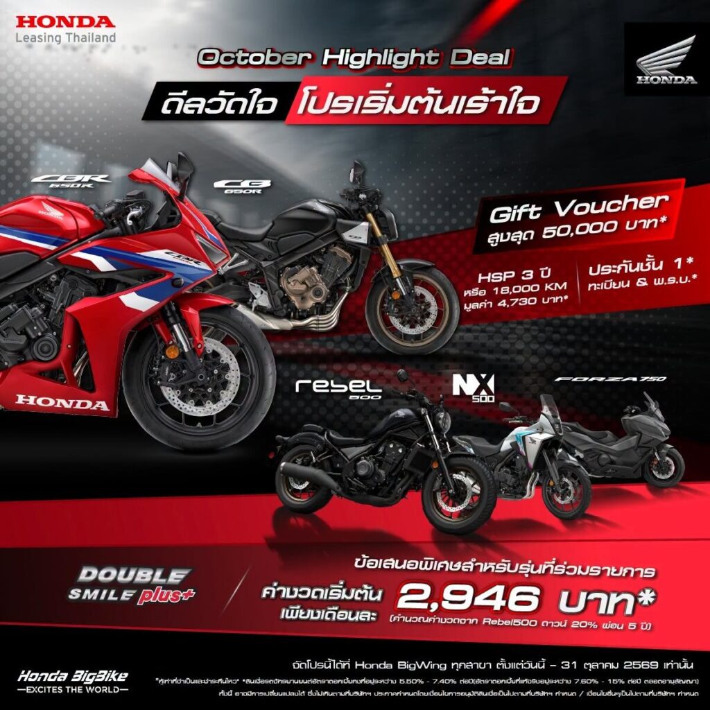 โปรโมชัน Honda BigBike เดือนตุลาคม 2569 5 รุ่น
