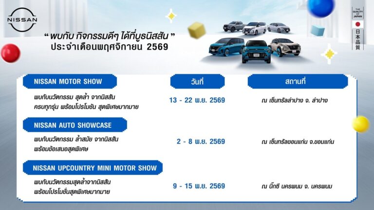 นิสสันโรดโชว์ พฤศจิกายน 2569 ขอนแก่น นครพนม ลำปาง ชม Kicks, X-Trail และ Serena e-POWER
