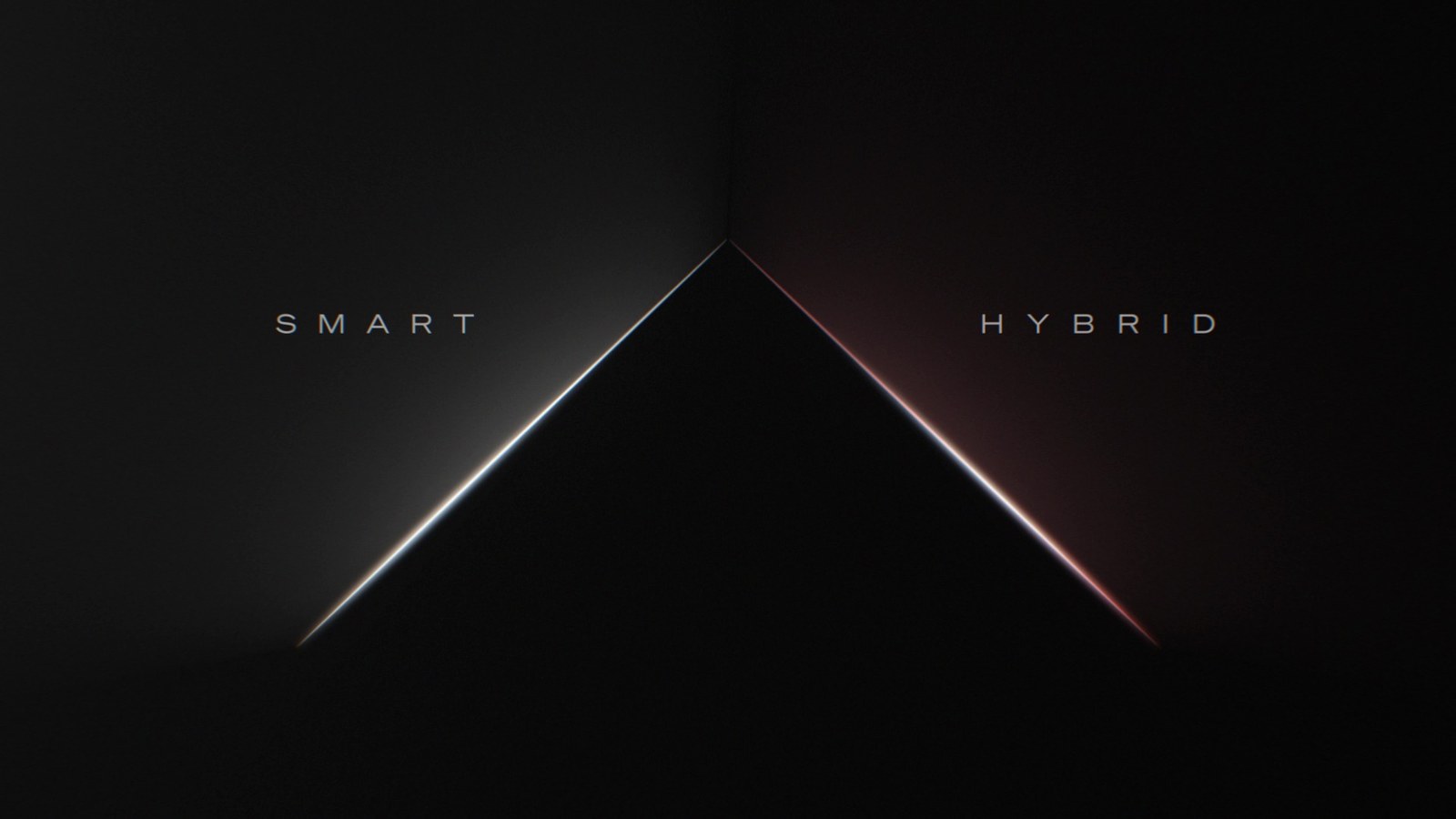 เส้นแสงสามเหลี่ยมกับคำว่า SMART และ HYBRID บนพื้นหลังสีดำ