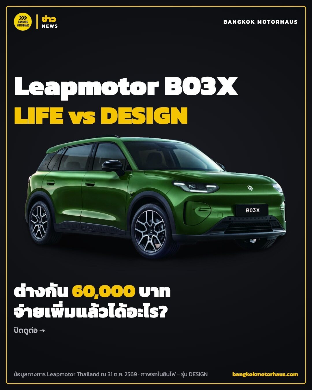 อินโฟกราฟิก Leapmotor B03X LIFE vs DESIGN ต่างกัน 60,000 บาท