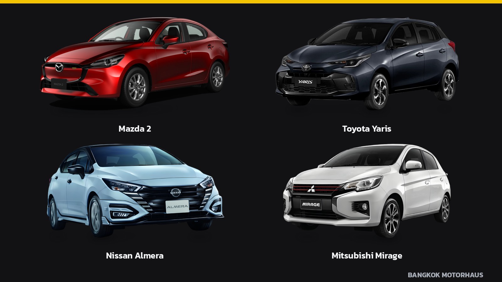 ภาพรถ Mazda 2, Toyota Yaris, Nissan Almera, Mitsubishi Mirage