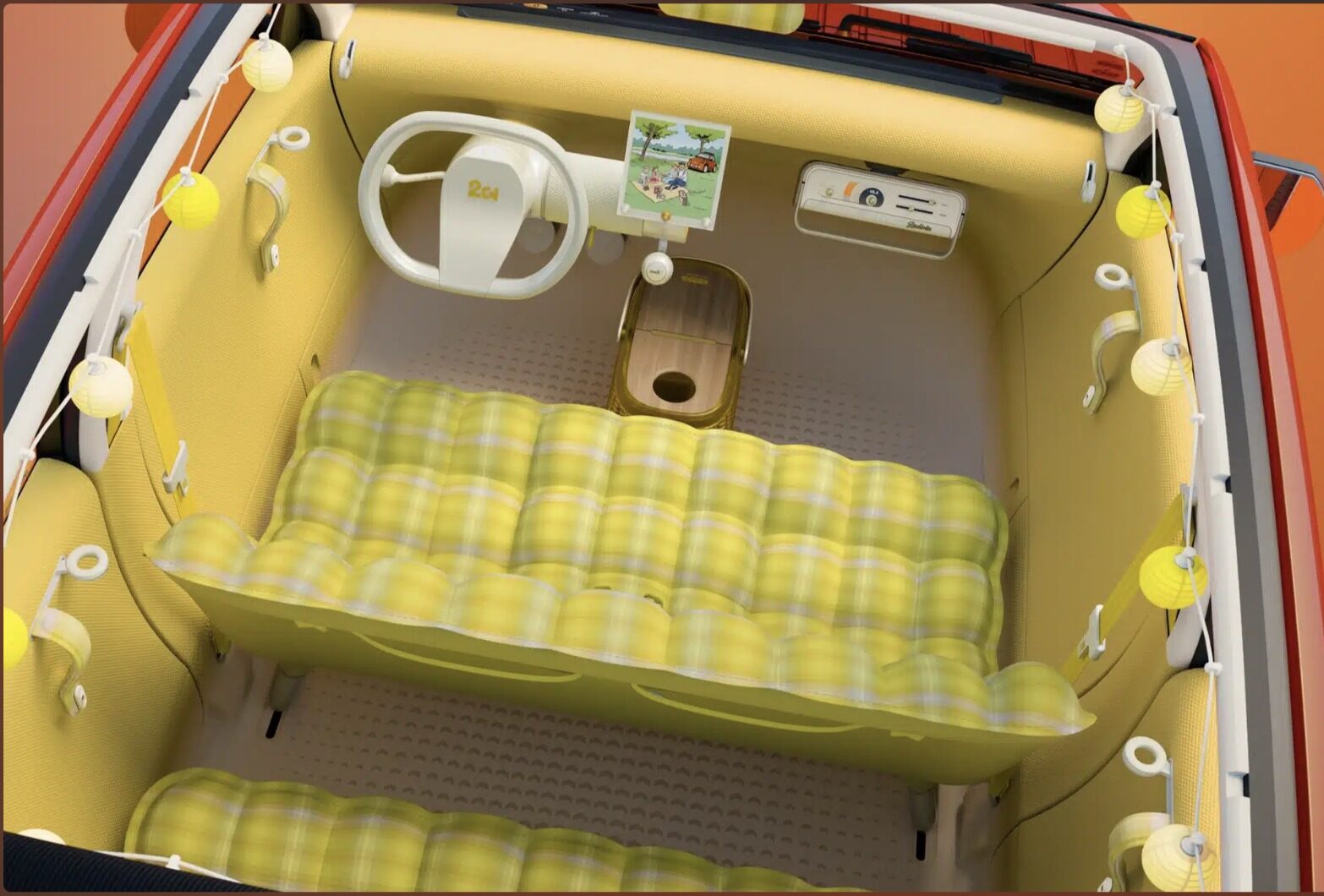 ห้องโดยสาร Citroen 2 CV Concept เบาะทรงโซฟาลายสก็อตสีเหลือง