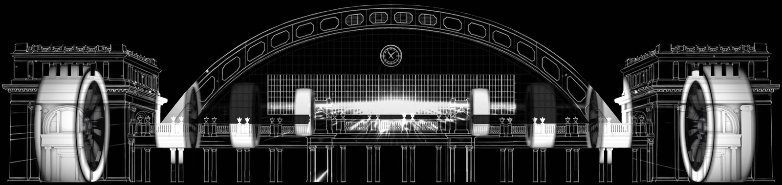 Projection Mapping ภาพเส้นโครงสร้างอาคารหัวลำโพงและล้อขนาดใหญ่